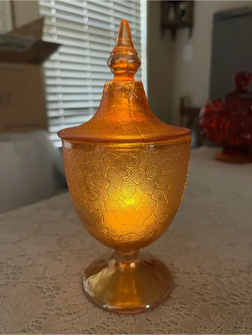 Vintage Marigold Carnival Glass Apothecary Fairy Lamp Pedestal Jar